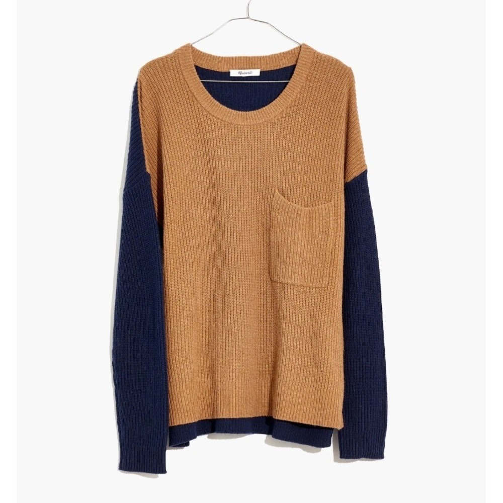 Madewell Women's Size Small Thompson Pocket Pullover Sweater Navy Tan Colorblock